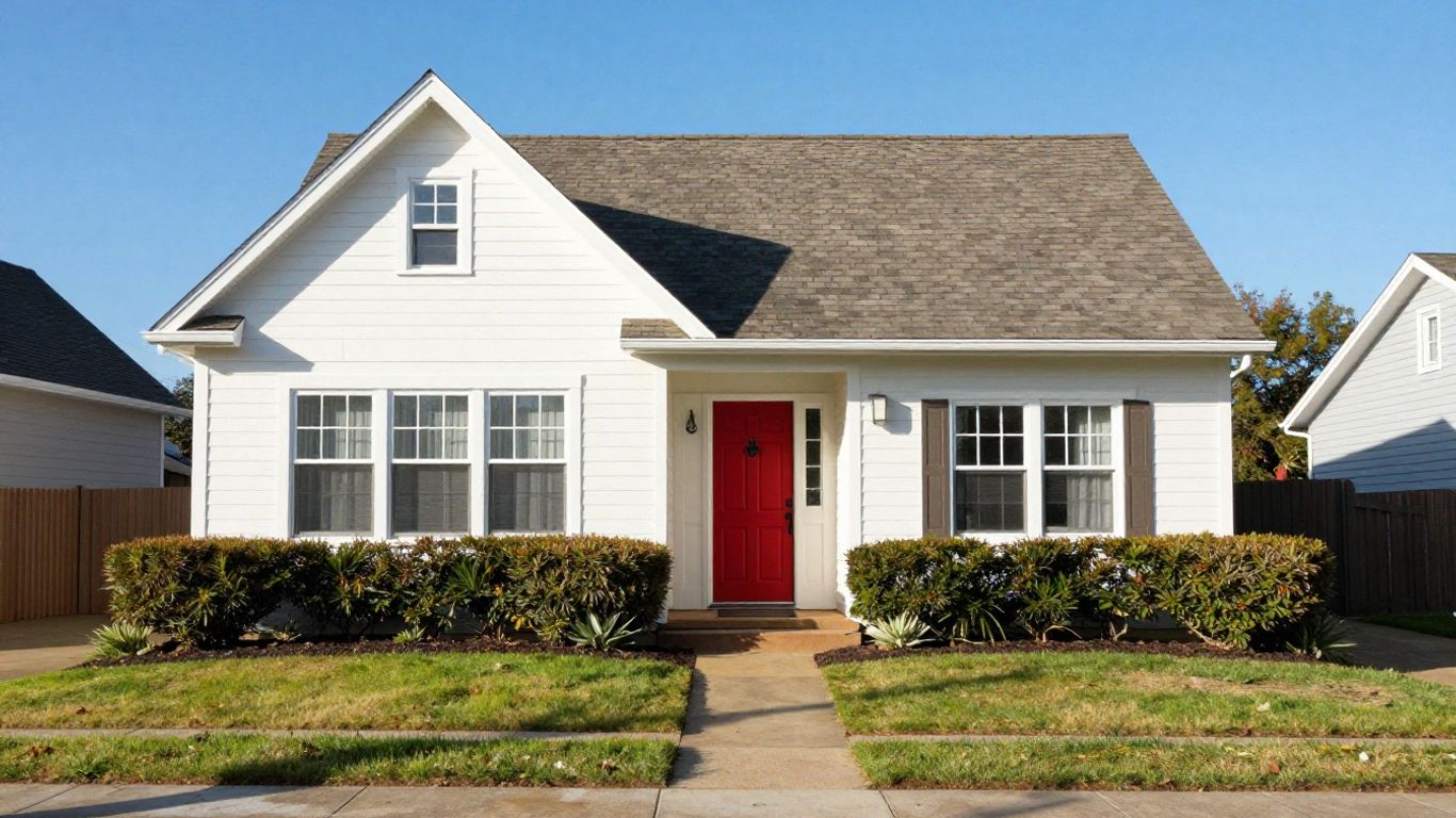 Casa con puerta roja y césped verde bajo el sol.