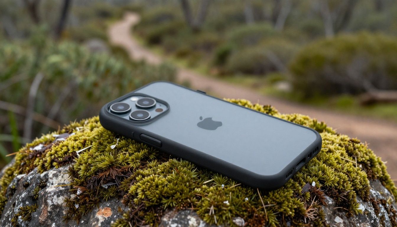 An iPhone 16 Pro Max in a durable, protective case resting on a mossy rock with a scenic Australian bushwalking trail in the background.