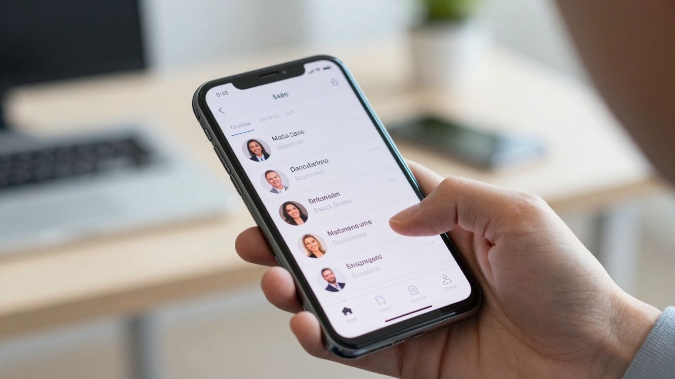 Hand holding phone with social media profiles.