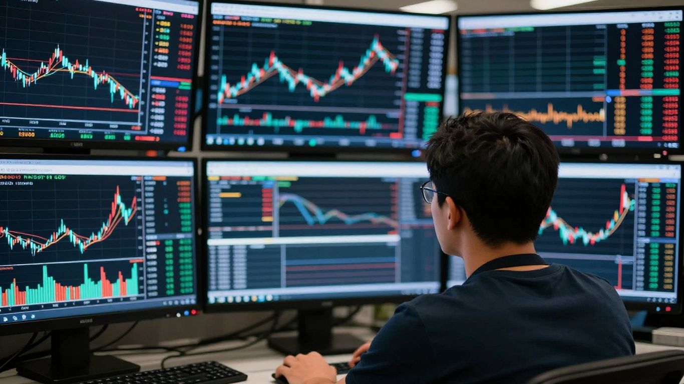 Day trading simulator with glowing screens