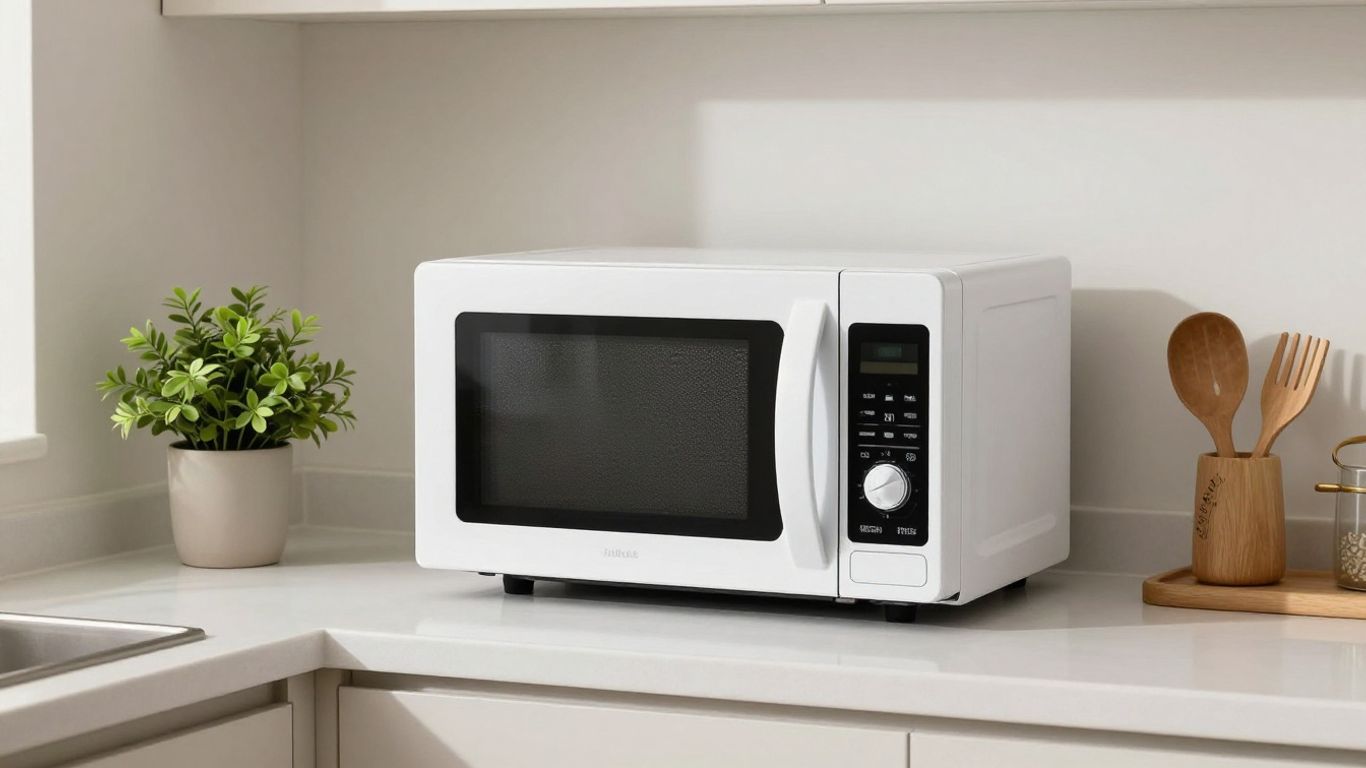 Microondas compacto en cocina moderna para Airbnb