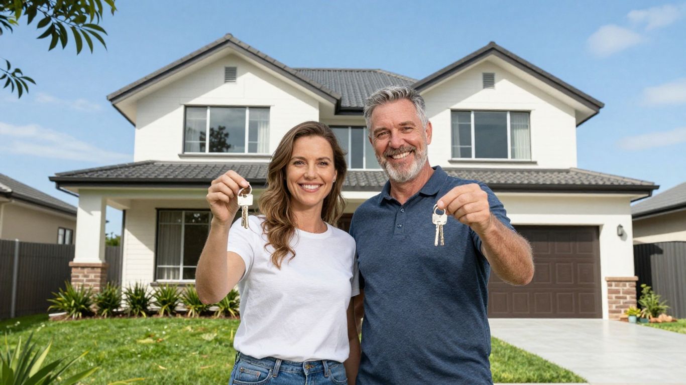 Couple with keys outside dream home