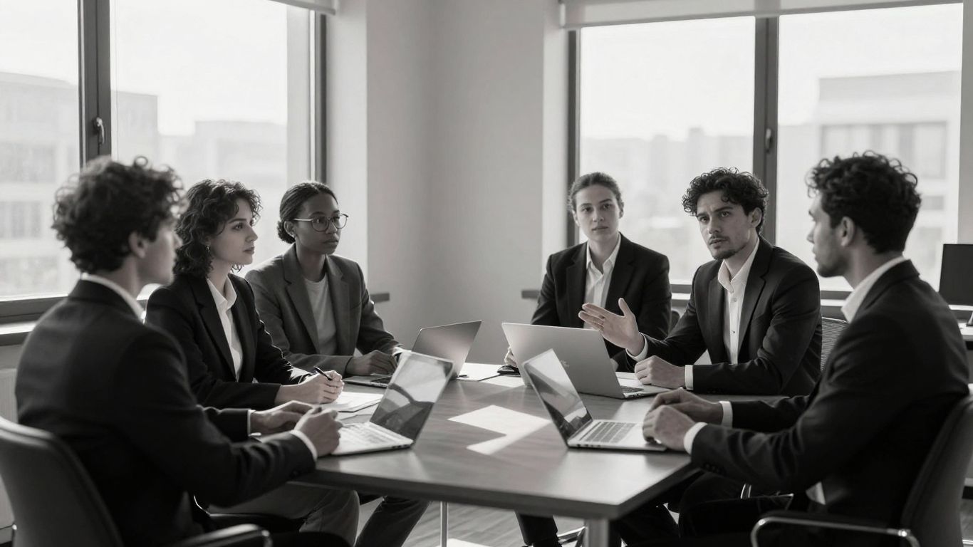 Oameni discutând într-o ședință de lobby.