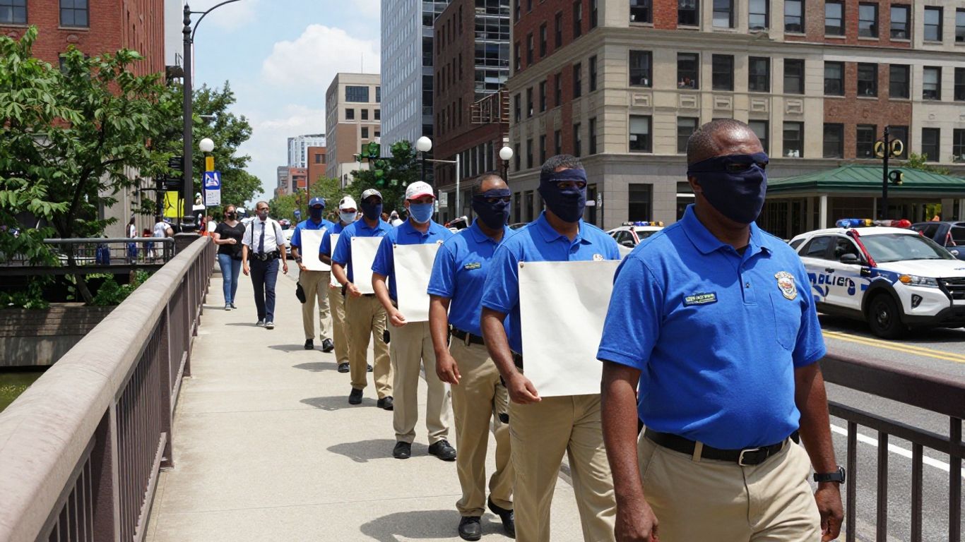 Uniformed marchers gathered near an American civic building