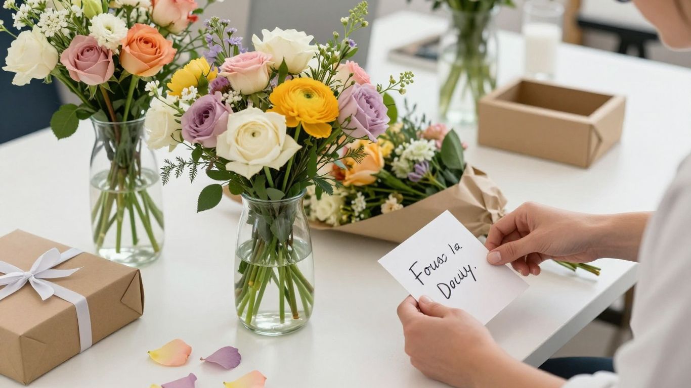 Florist arranging flowers beside gifts