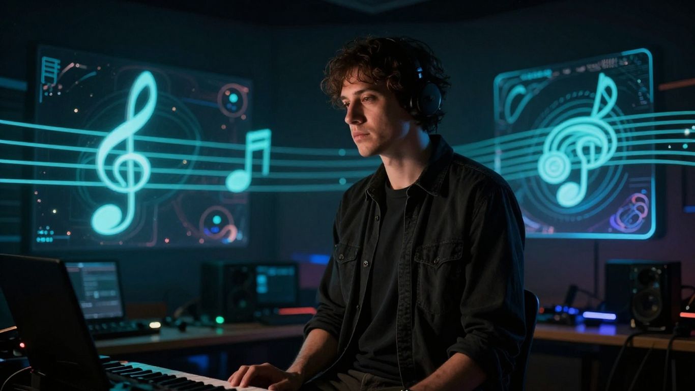 Musician with AI-generated visuals in a studio.