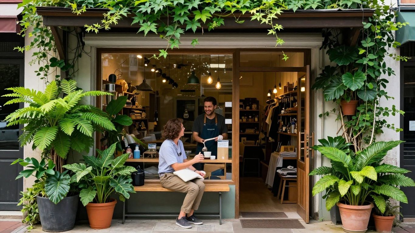 Local business owner happily serving a customer outside storefront.