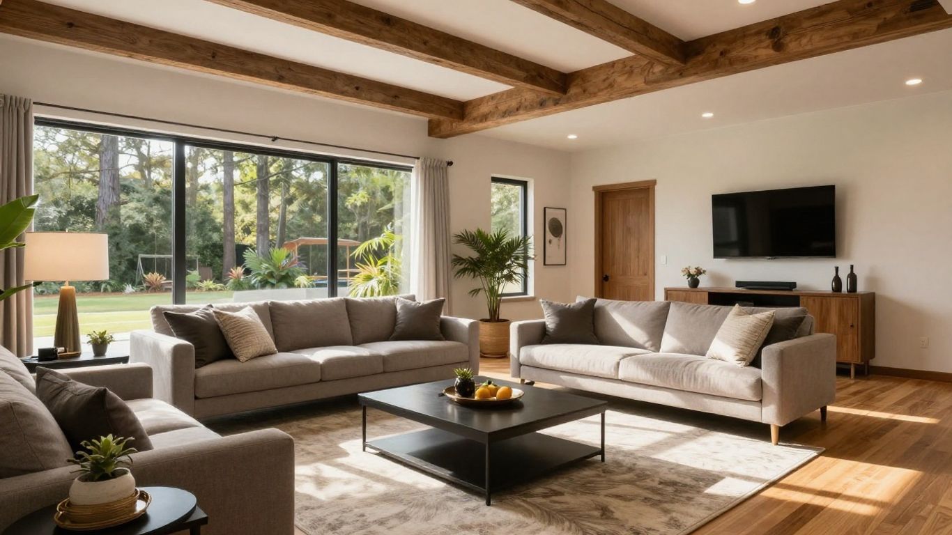 Modern finished basement living area in Suwanee, Georgia.