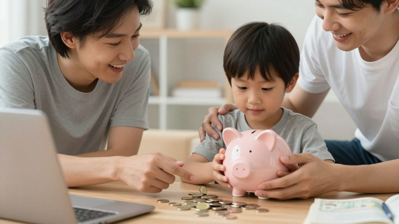 Padres enseñando a sus hijos sobre el dinero.
