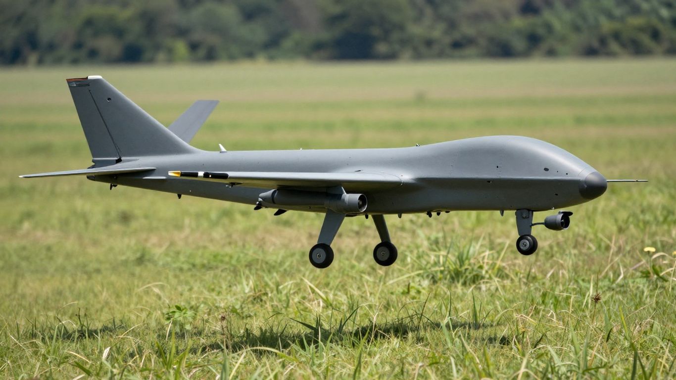 A tactical drone flying over grassy field