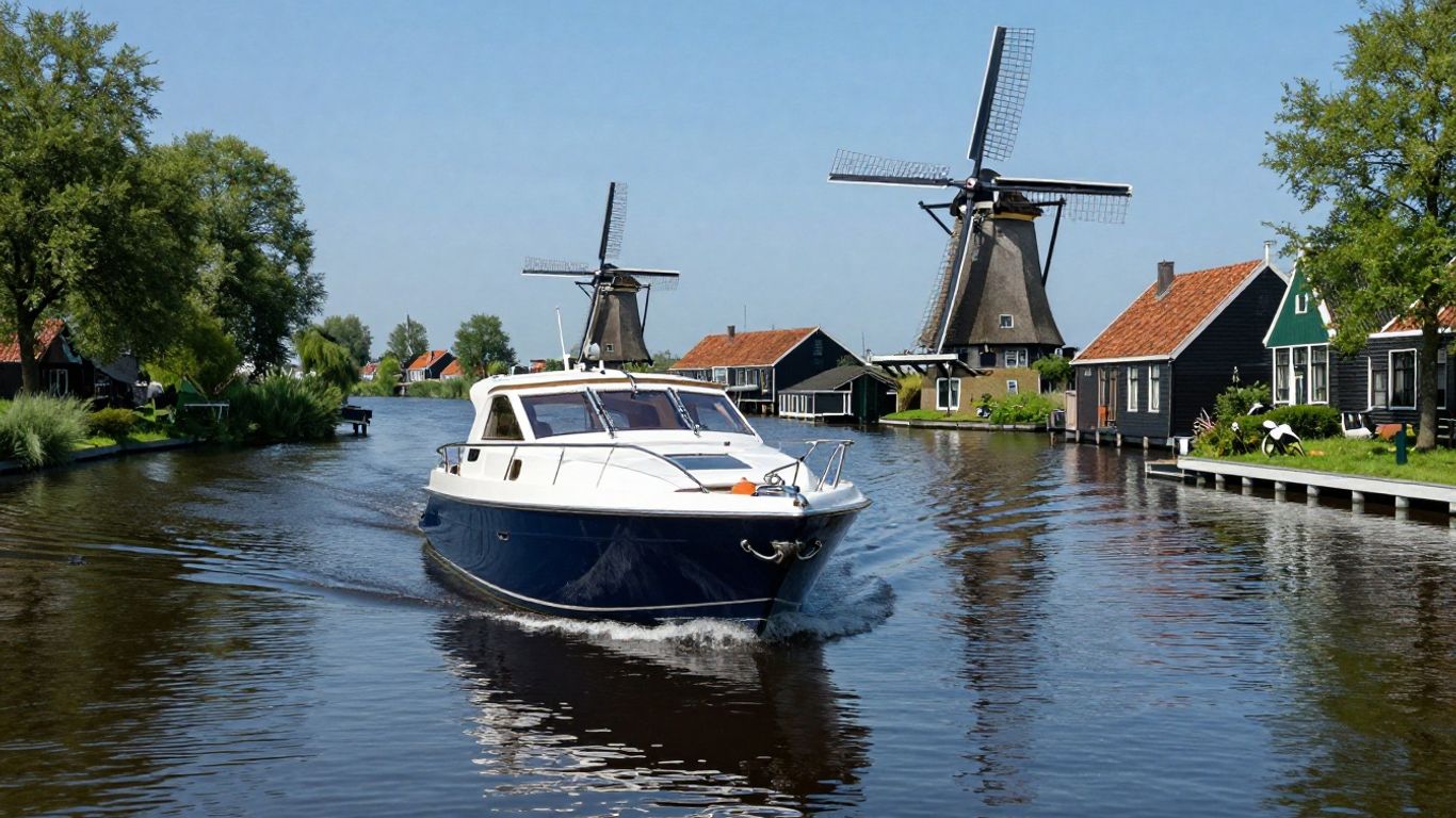Motorjacht vaart door Nederlandse grachten met molens.
