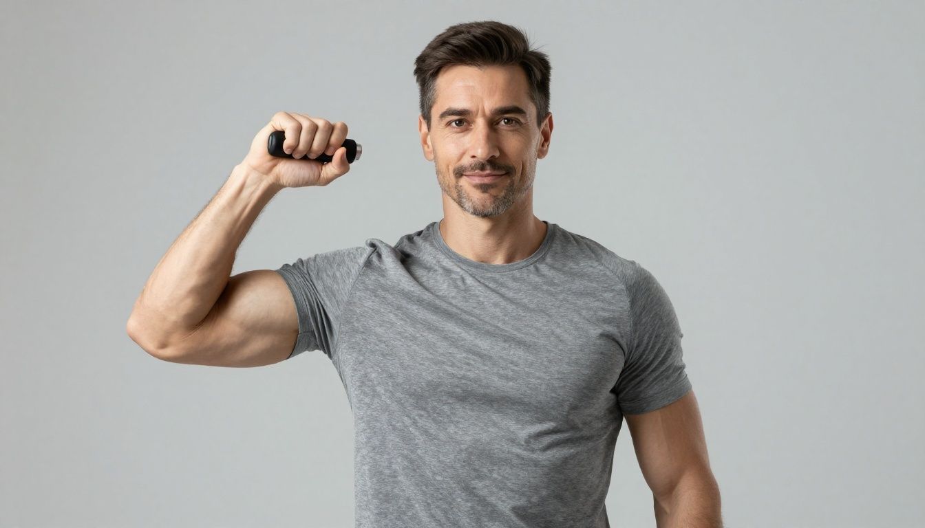 A confident, middle-aged man in a professional setting performing a hand-grip strength test with a dynamometer, showcasing fitness and vitality