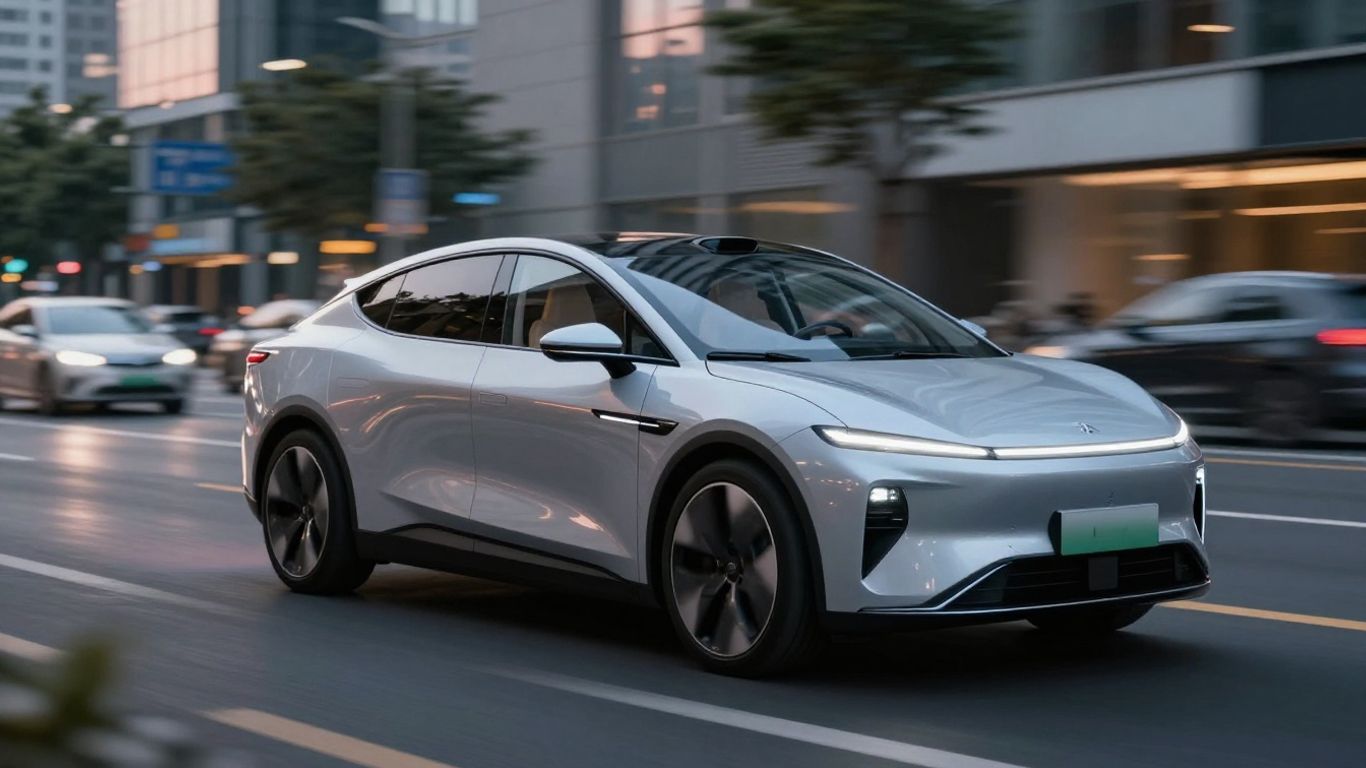 Futuristic autonomous car driving on a city street.