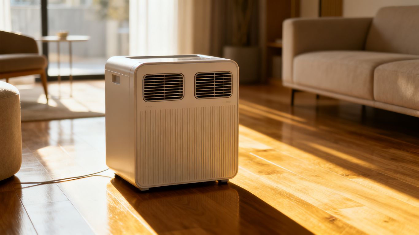A home air device on a wooden floor in living room
