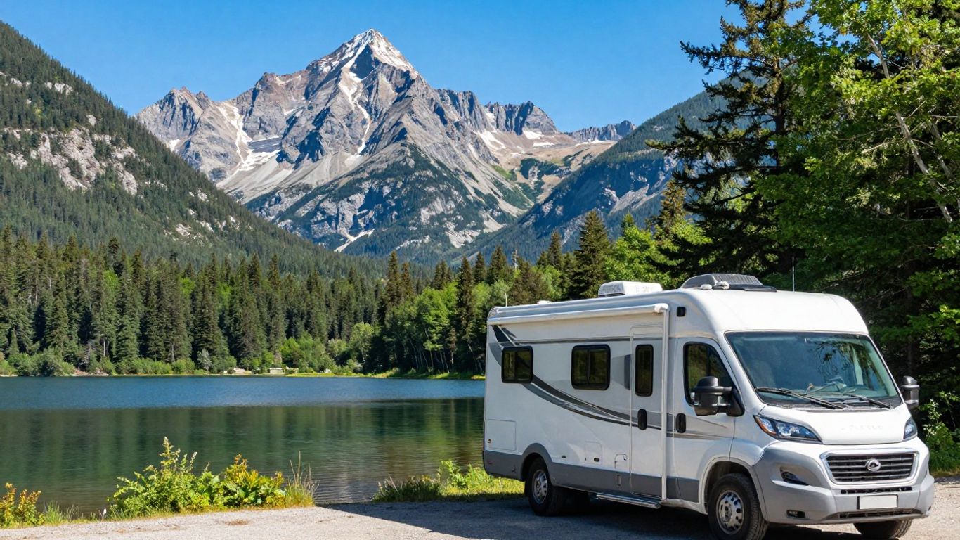 Motorhome parked by a lake with mountains in Canada.