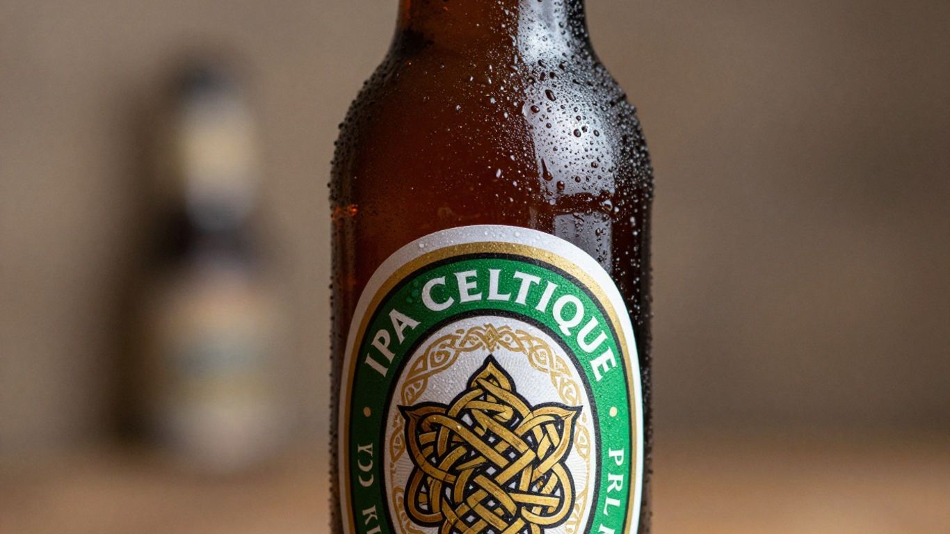 Bottle of IPA Celtique beer with Celtic knotwork label.