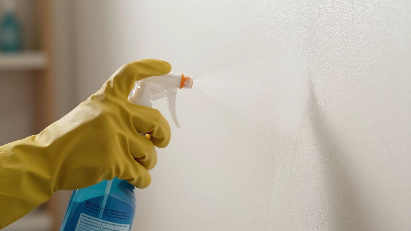 Hand spraying mold killer on a wall.