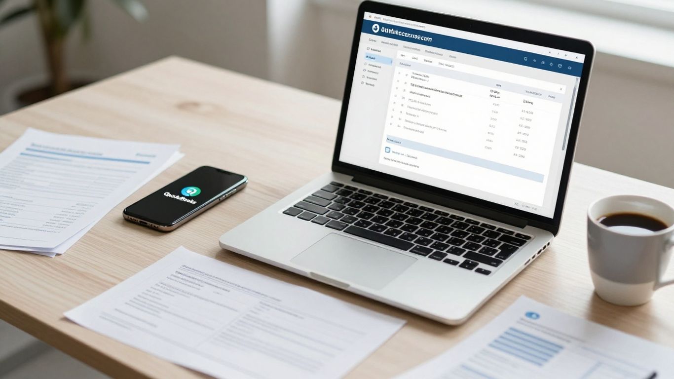 Modern workspace with laptop, smartphone, and QuickBooks logo