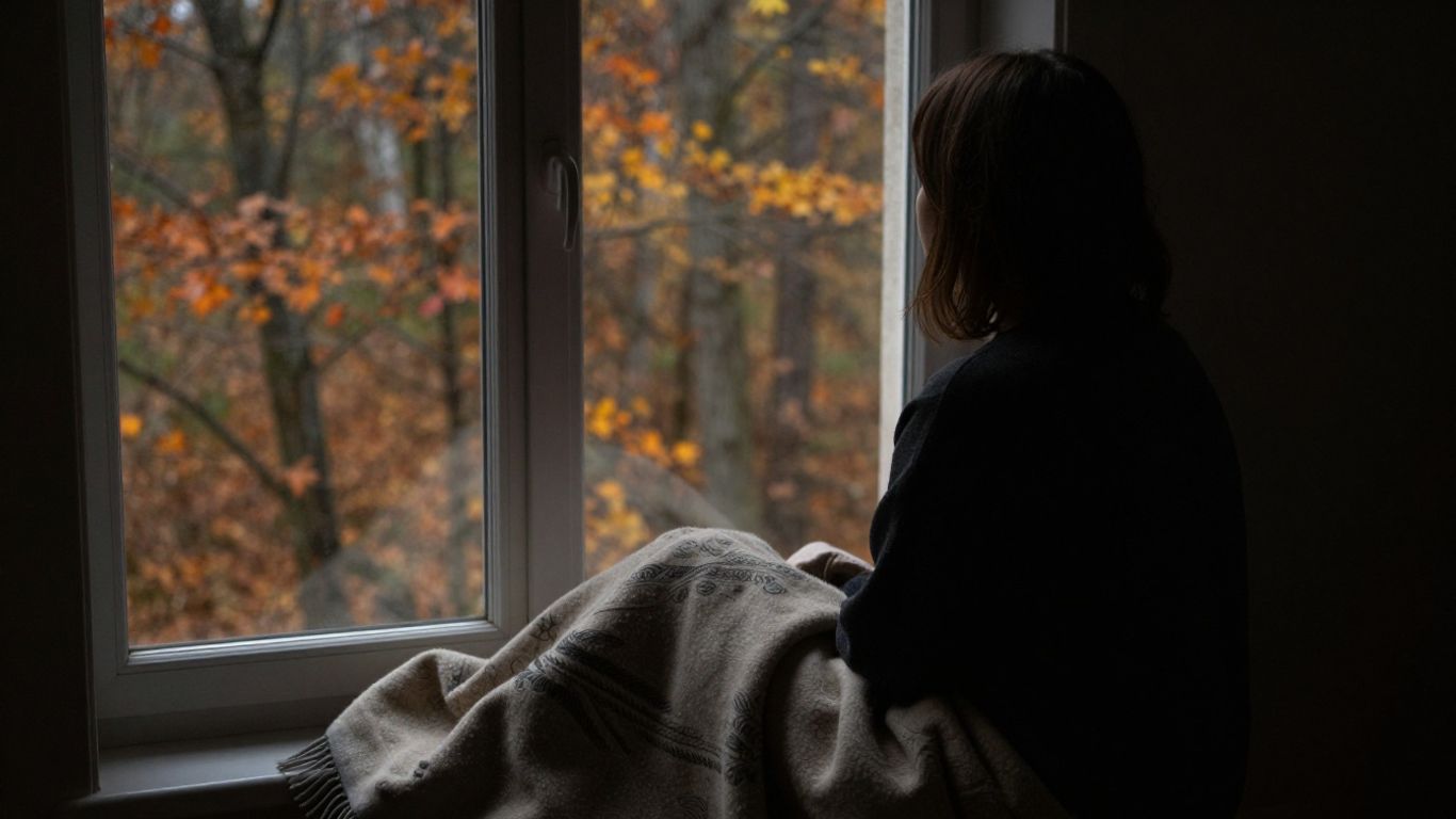 Person blickt aus Fenster auf Herbstlandschaft