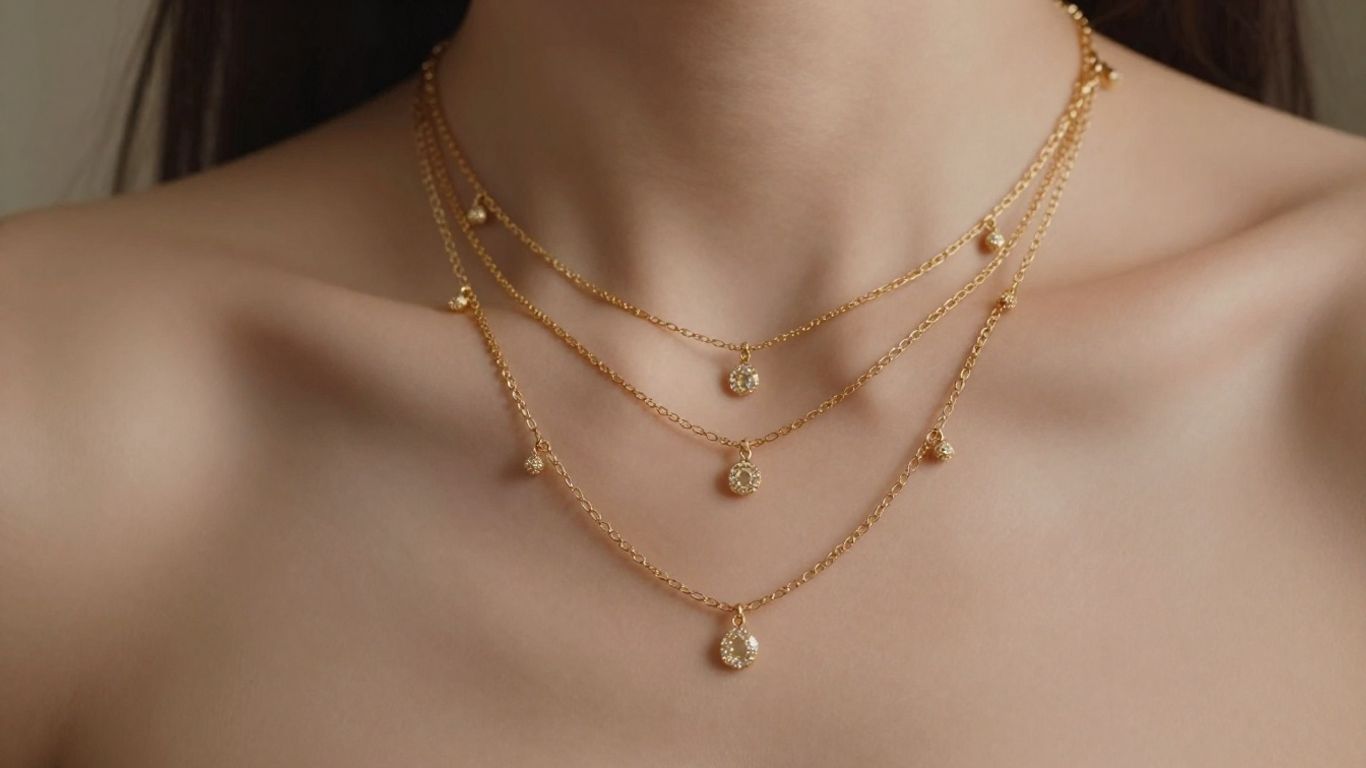 Layered gold necklaces with sparkling pendants.
