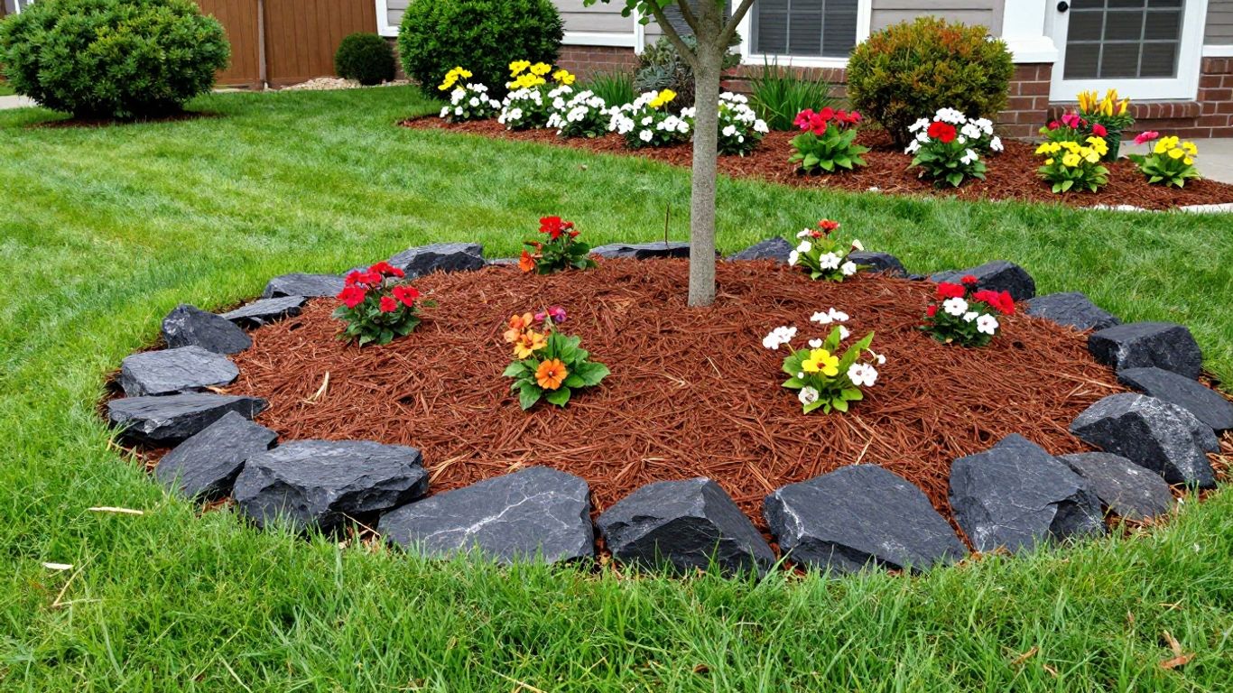 Home exterior with new landscape rock and mulch.