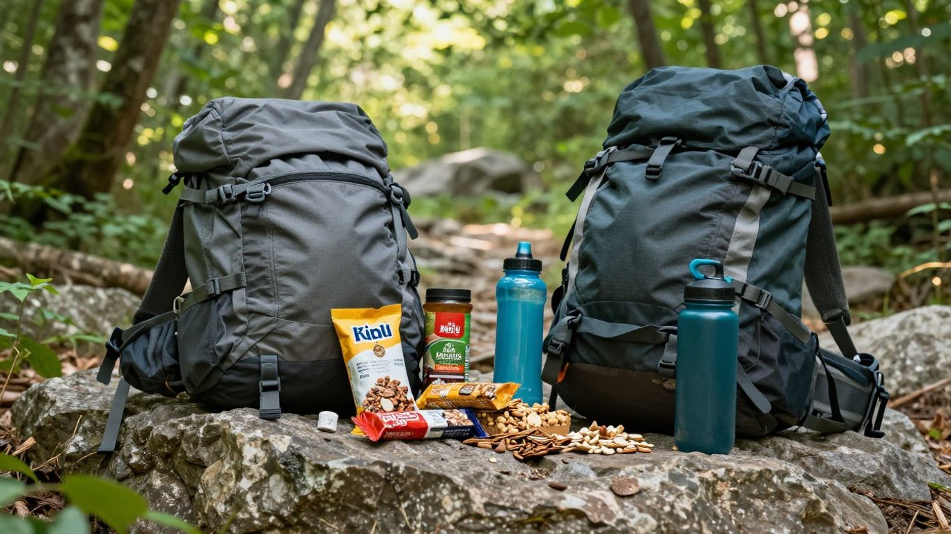 Hiker's backpack with snacks and water on a trail.
