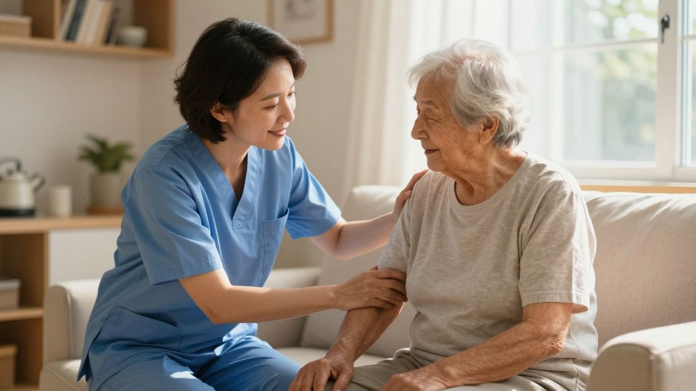 Caregiver helping elderly person with daily living tasks.