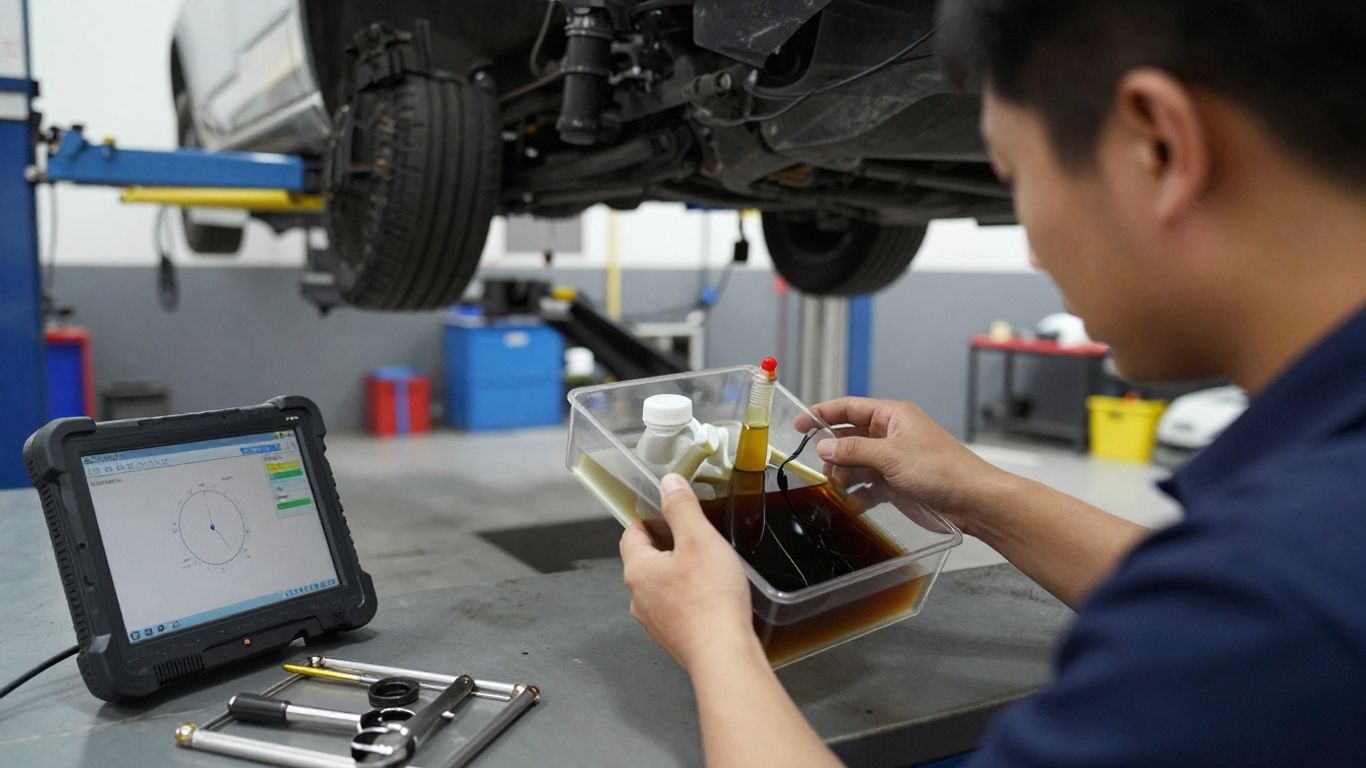 Technician checking transmission fluid condition