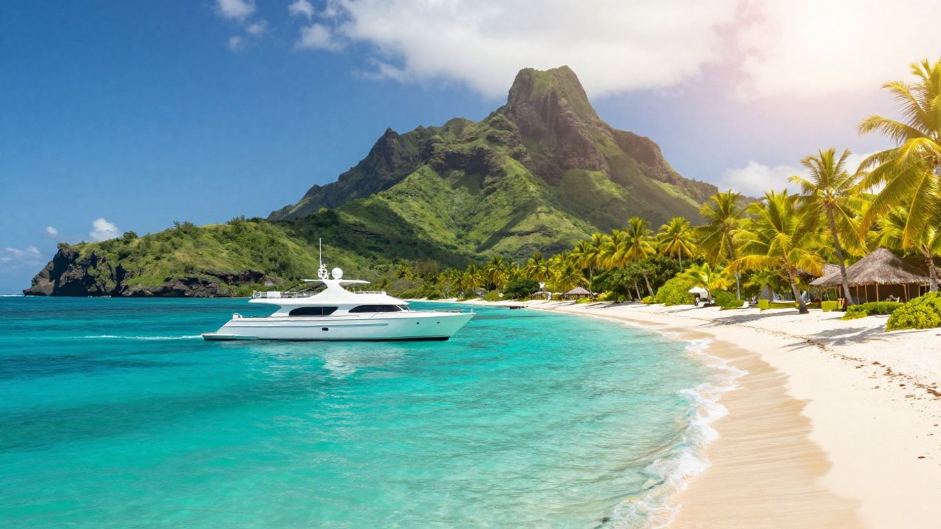 Luxury yacht sailing in Tahiti's turquoise waters.