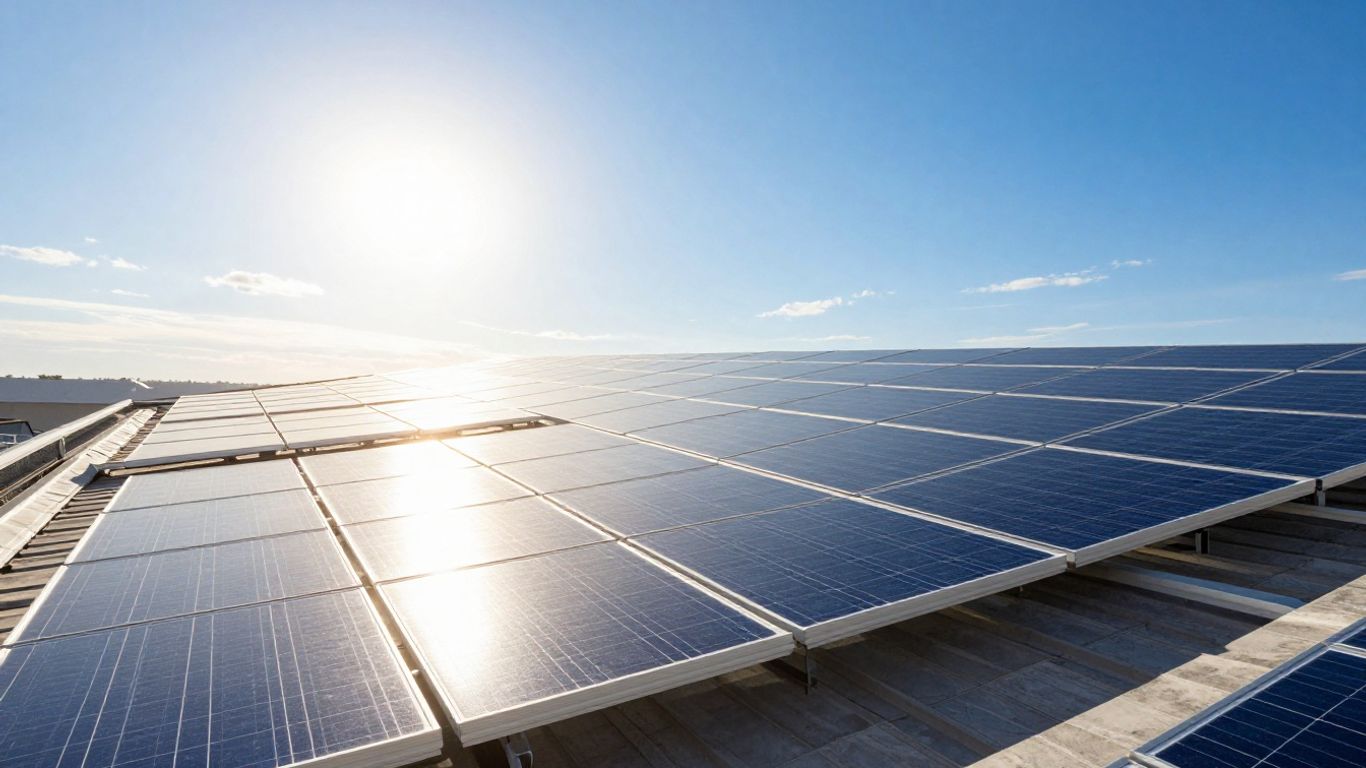 Panneaux solaires sur un toit sous un ciel bleu.