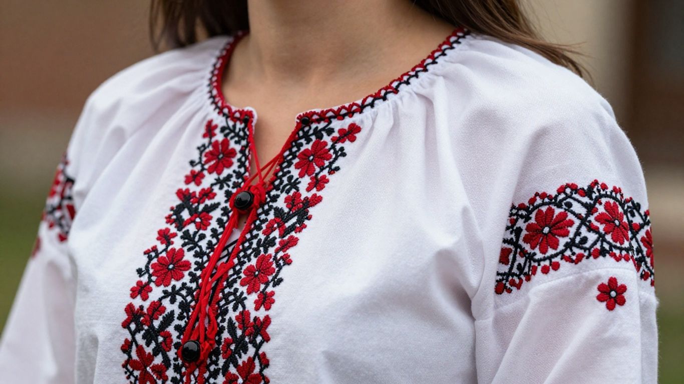 Femeie purtând o ie tradițională românească brodată.