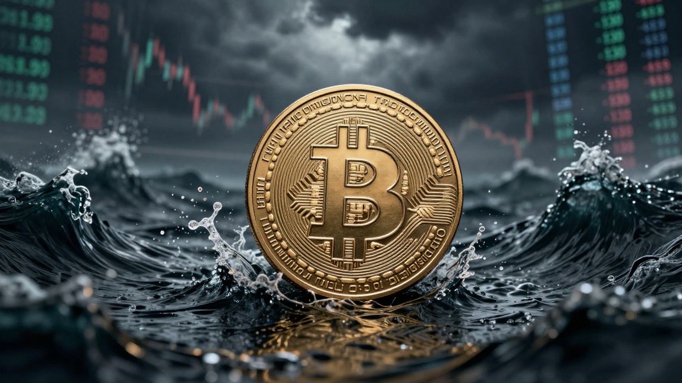 Bitcoin coin amidst market volatility and economic shifts.