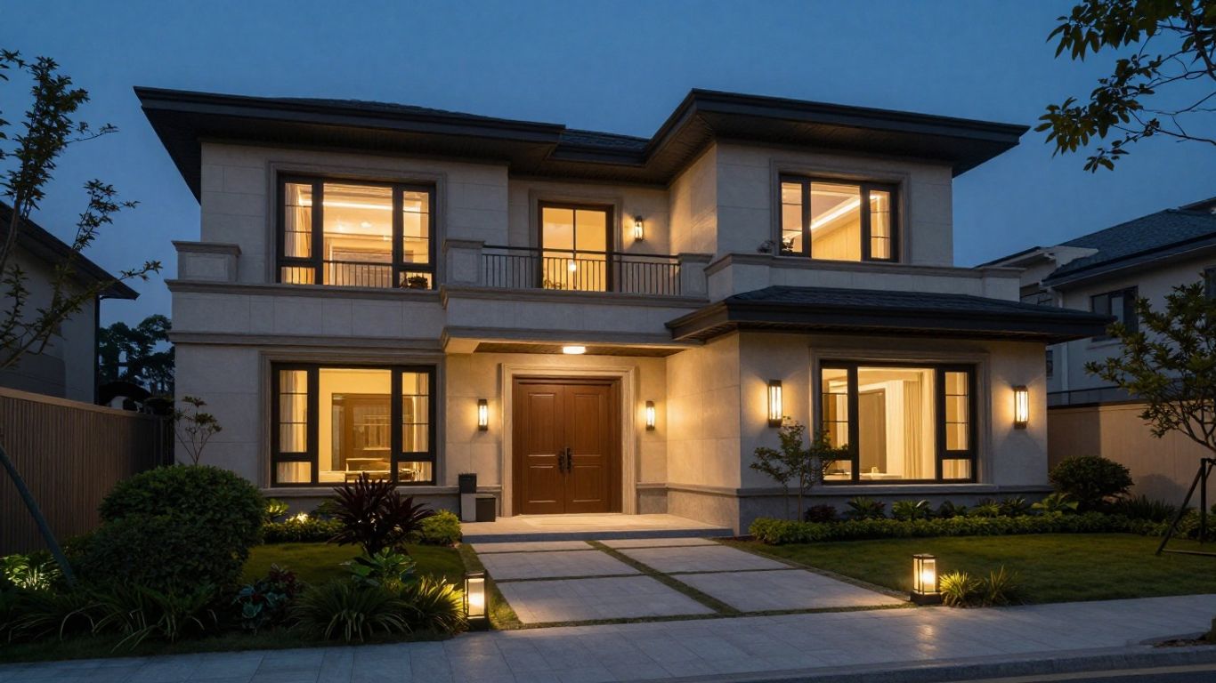 Stylish exterior lighting illuminating a home's garden and facade.