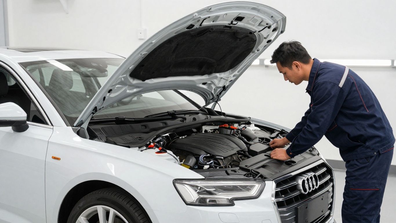 Audi car in service bay with mechanic.