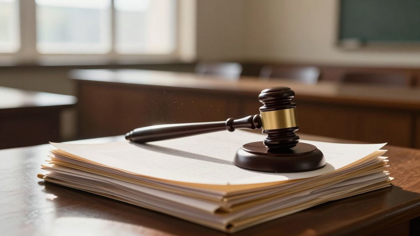 Gavel on legal documents in a courtroom.