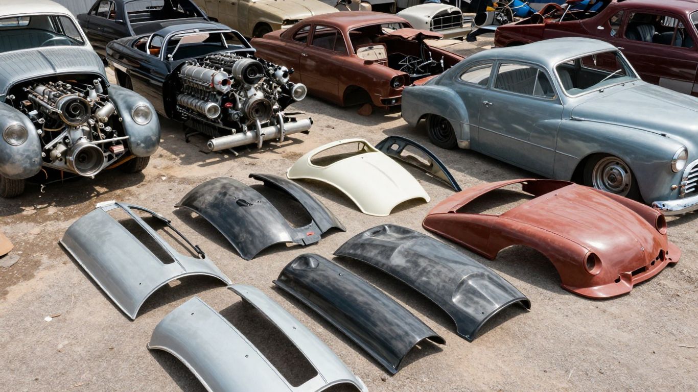 Chrysler car parts in an auto wrecking yard.
