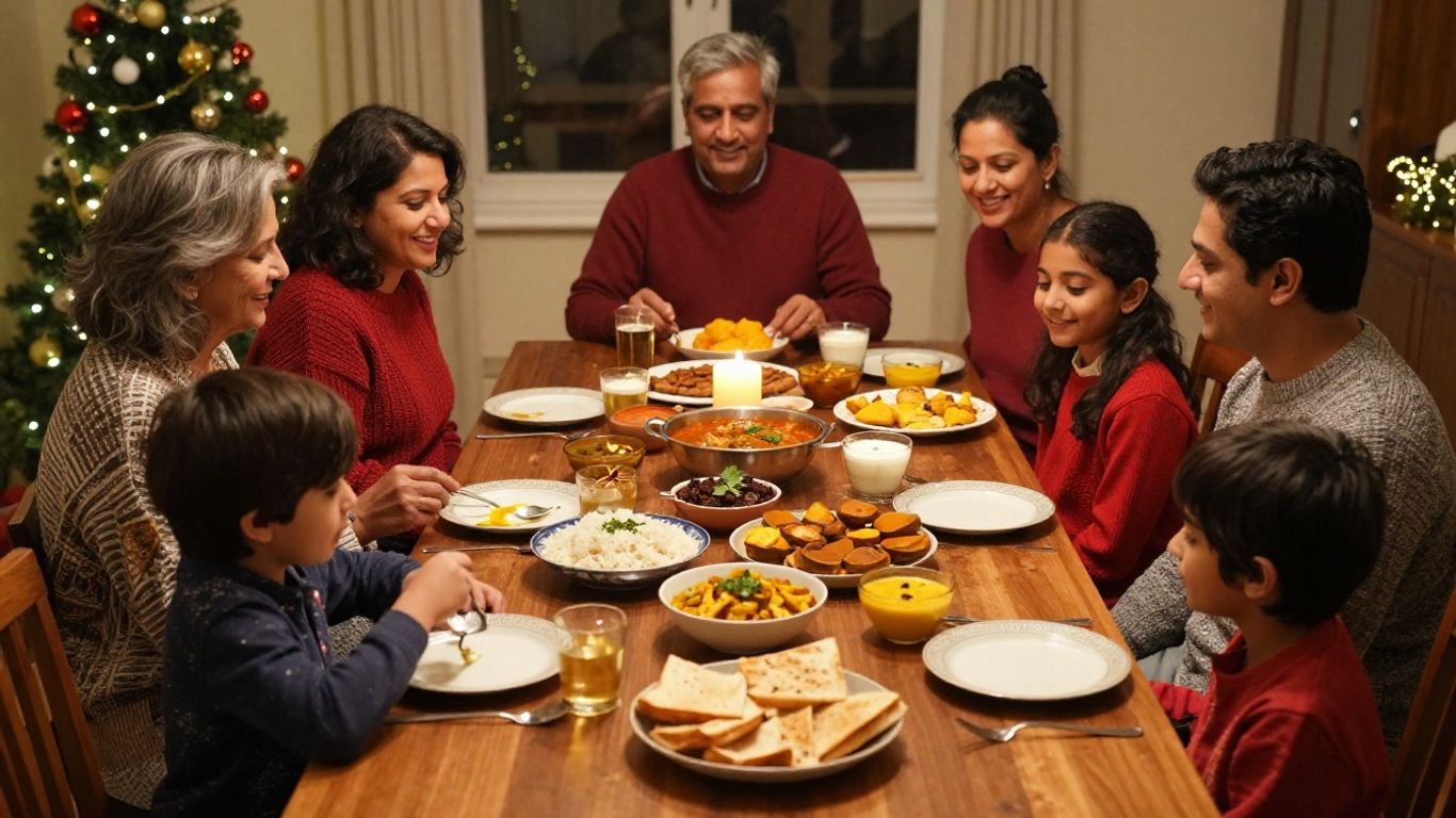Family sharing Indian Christmas meal around table