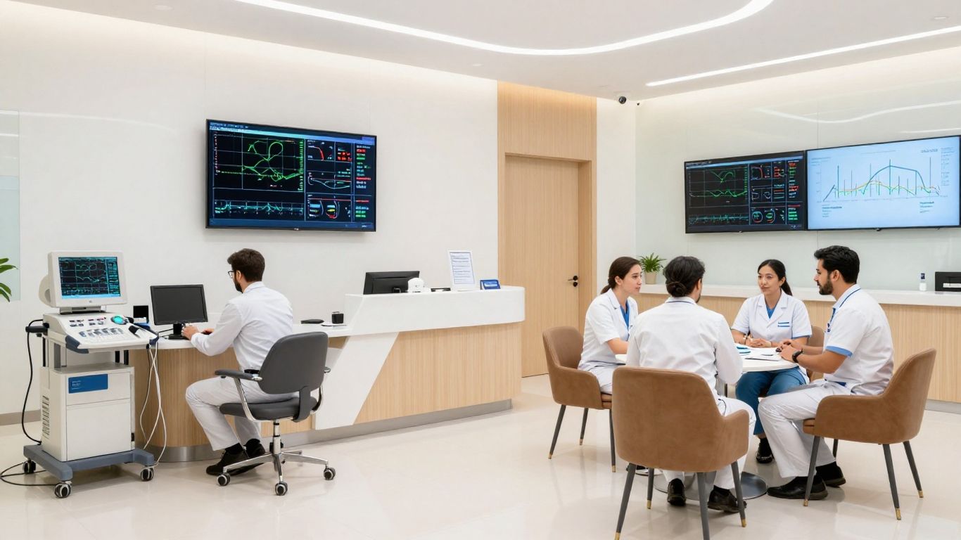 Modern cardiology clinic with medical team