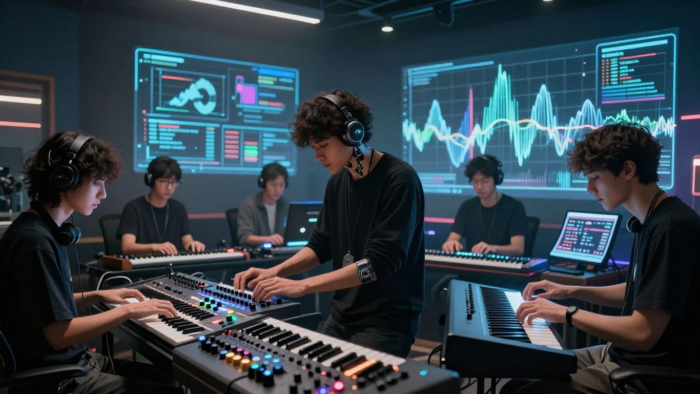 Musicians collaborating with AI in a futuristic studio.
