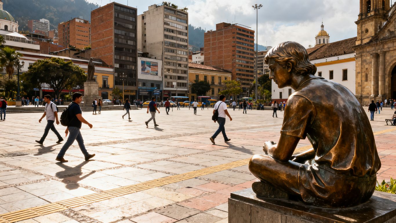 Medellín downtown plaza with bronze sculpture and historic buildings