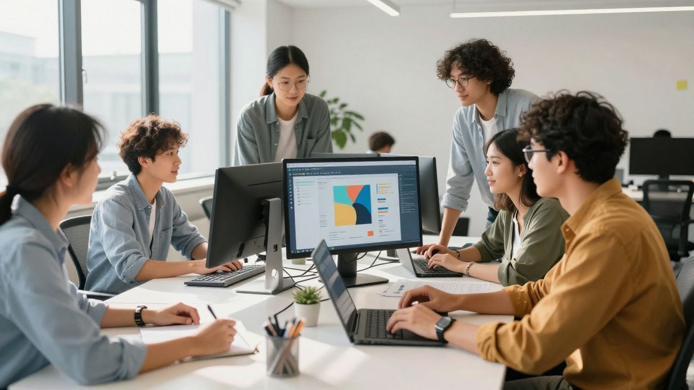 Diverse team collaborating in a modern office with digital interfaces.