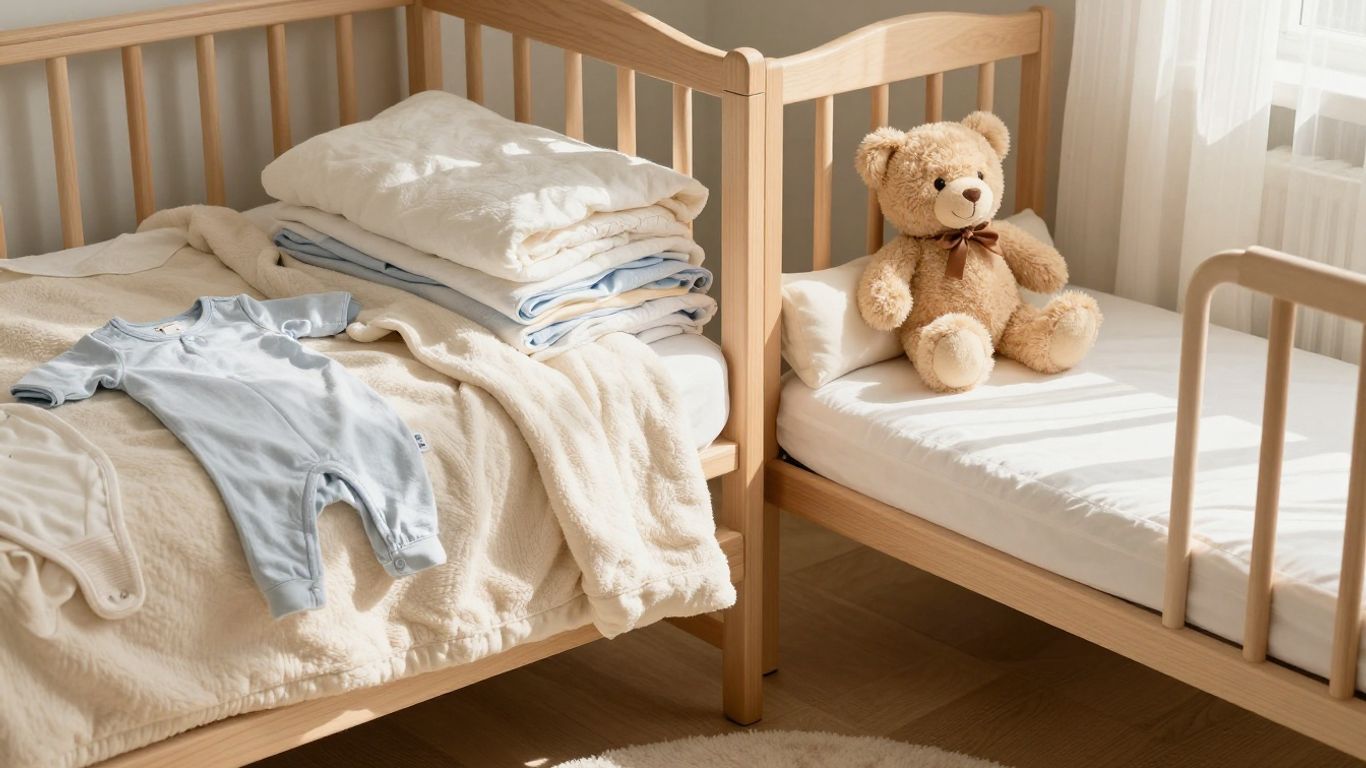 Nursery corner with baby clothes, crib, and teddy bear.