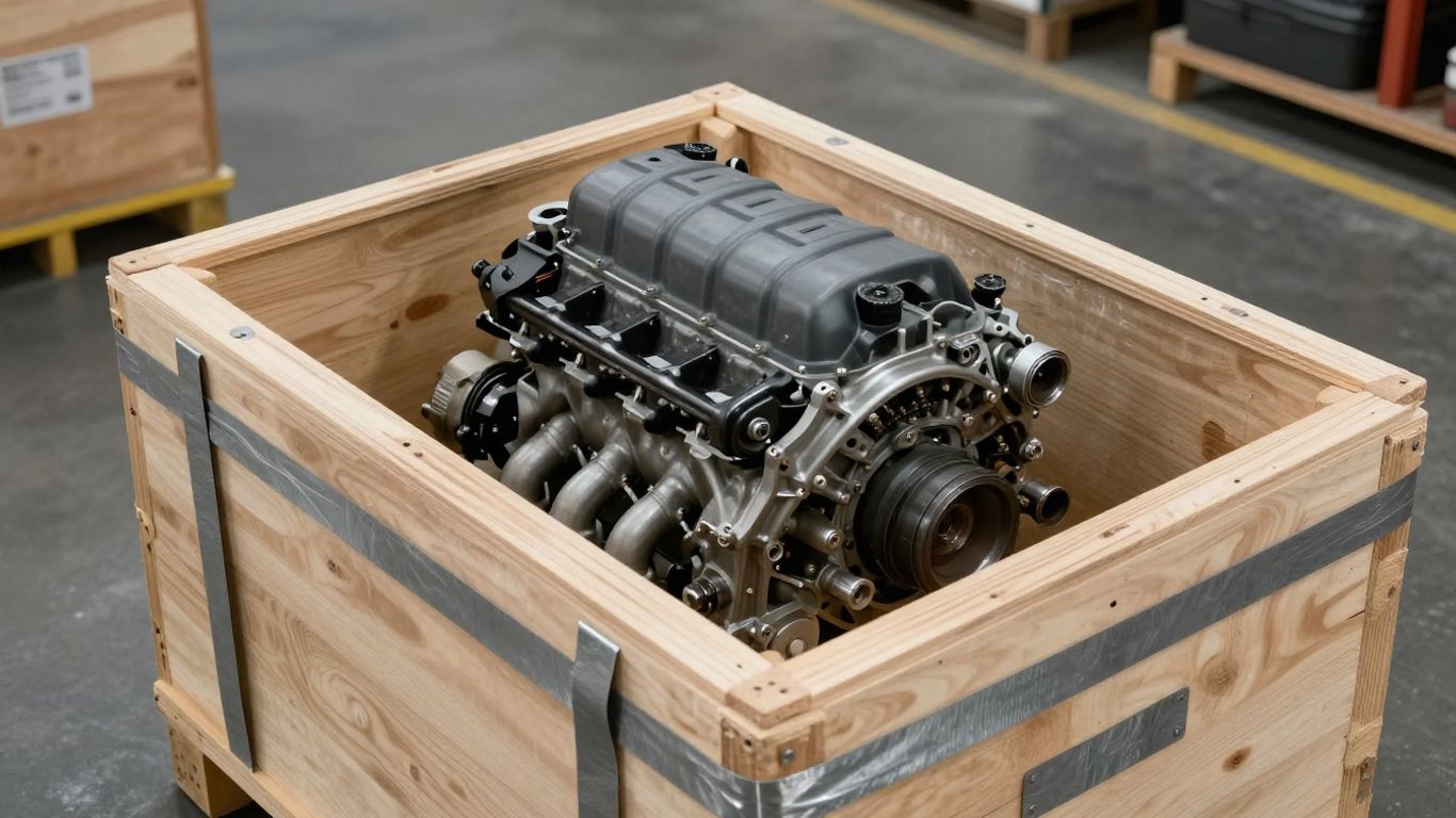 Wooden crate protecting a heavy engine shipment
