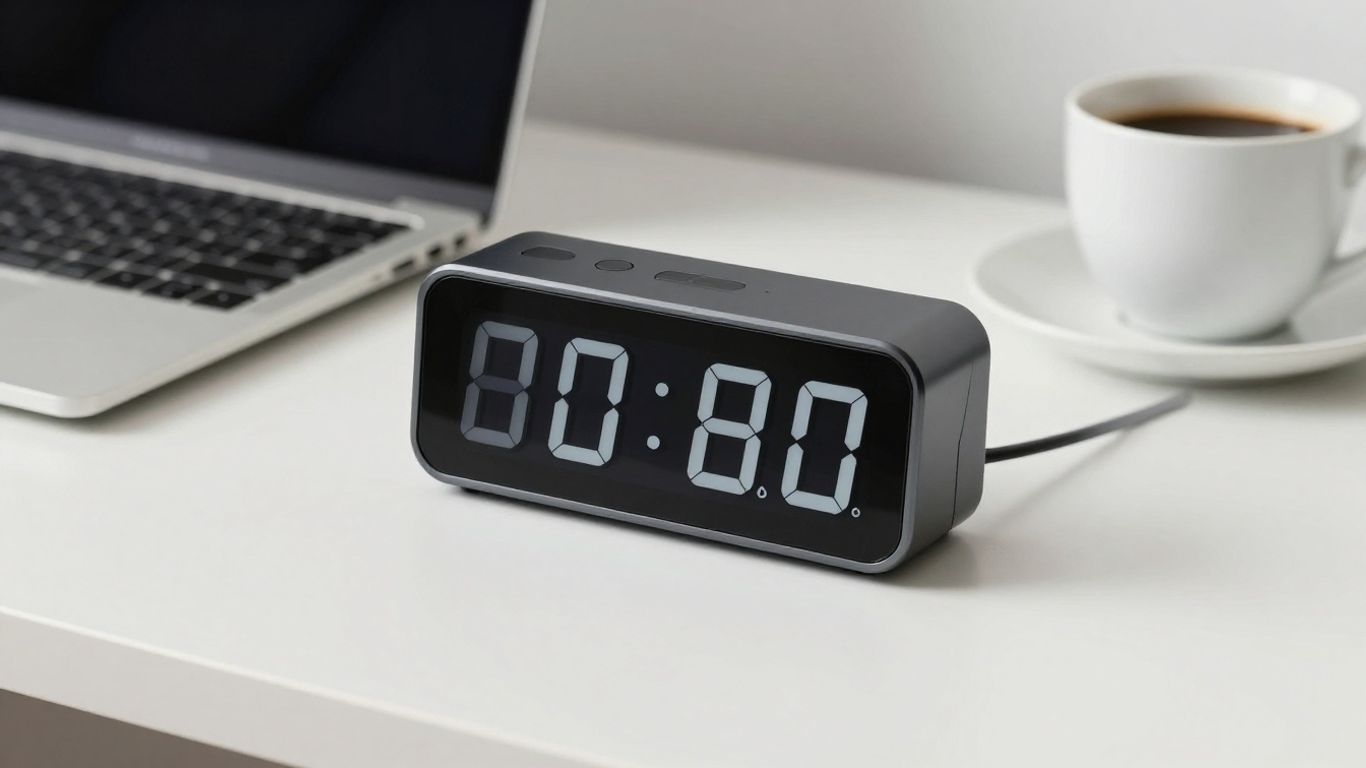 Digital timer on a desk, boosting freelancer productivity.