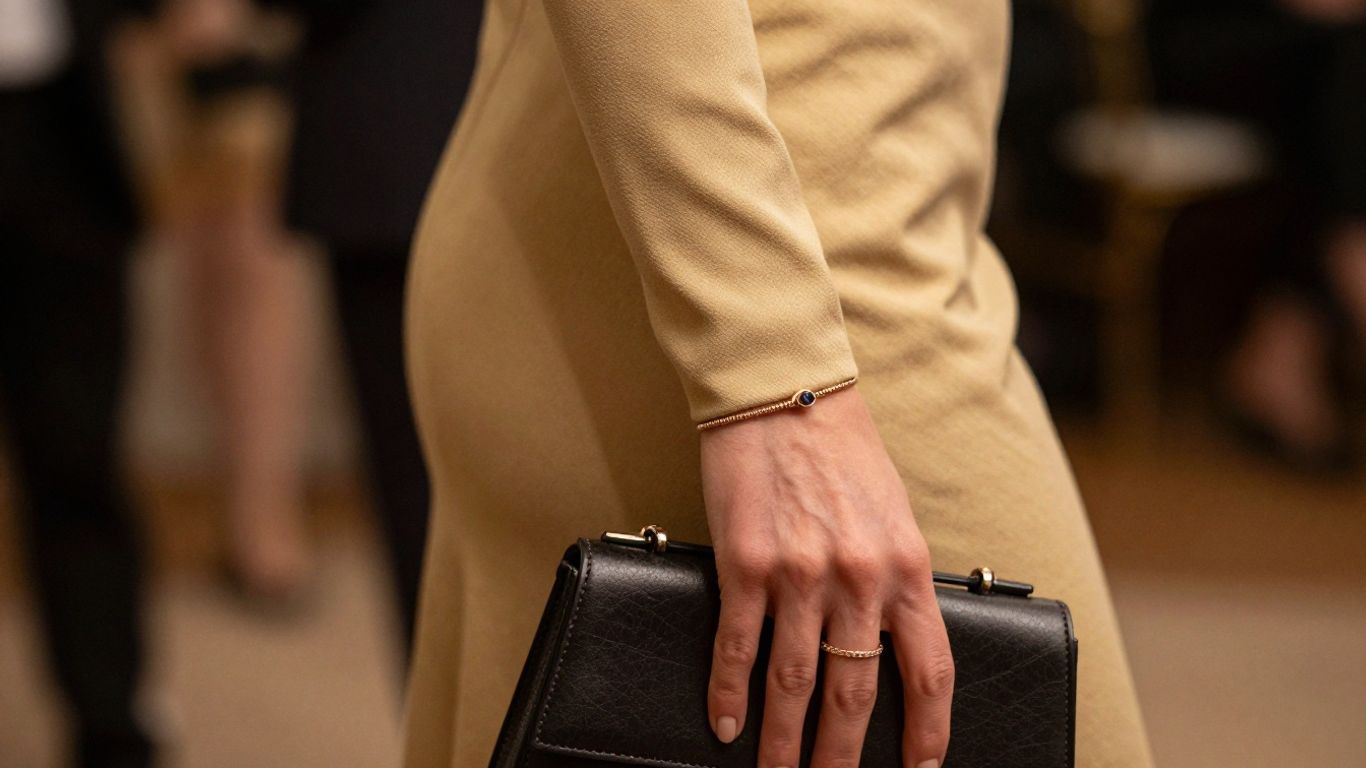 Slim bracelet peeking from a cocktail dress sleeve