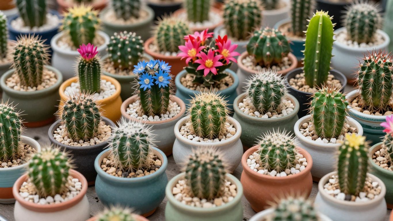 Mini jardín de cactus en macetas con diseños temáticos.