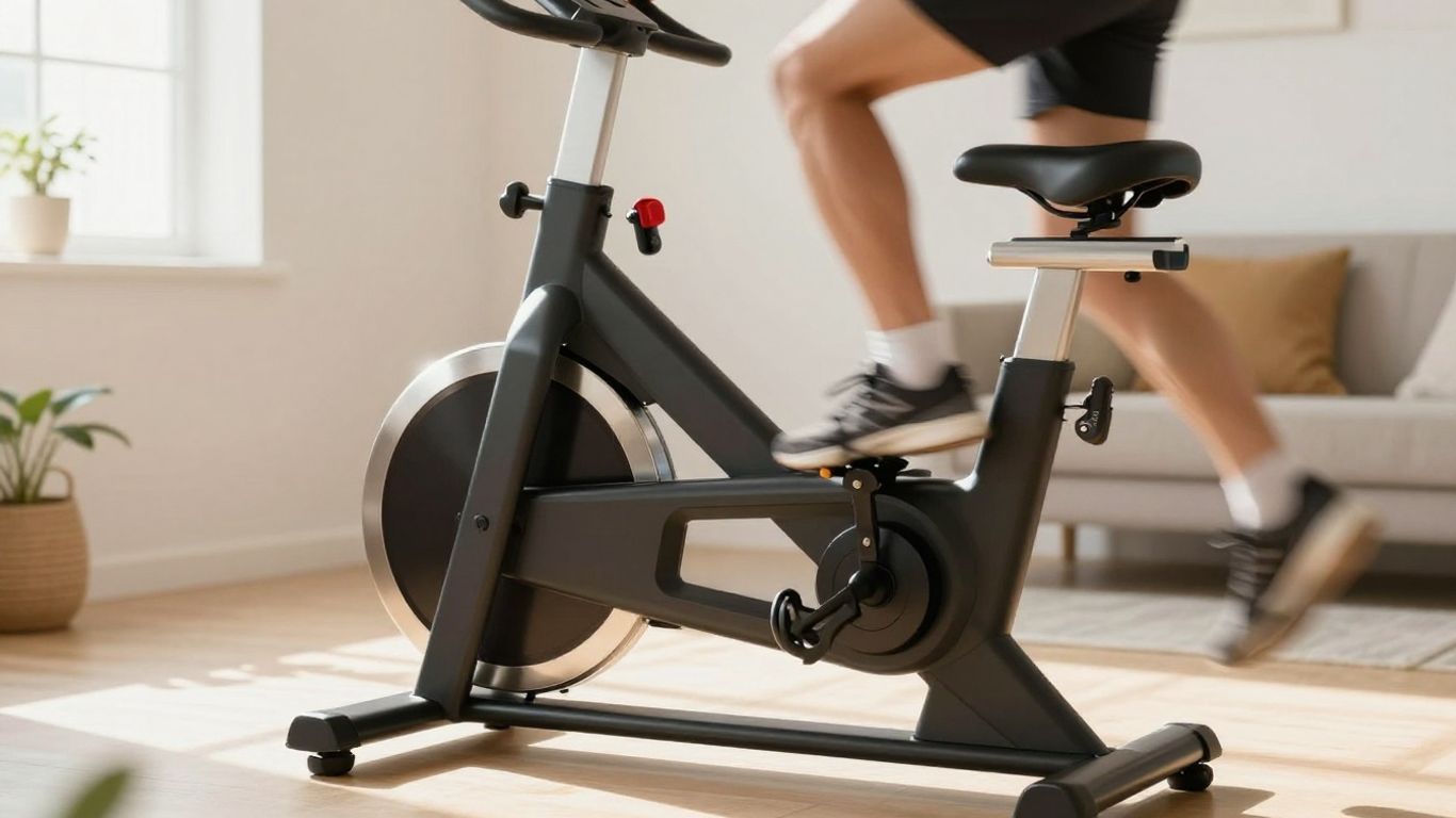 Modern exercise bike in a sunlit room.