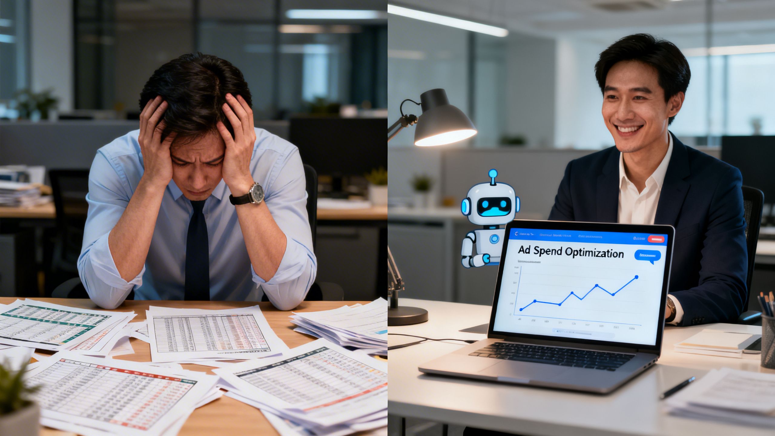 A split-screen image. On one side, a frustrated seller is buried in spreadsheets. On the other, a calm seller is talking to a chatbot on a laptop, which displays a simple, clear graph showing ad spend optimization.