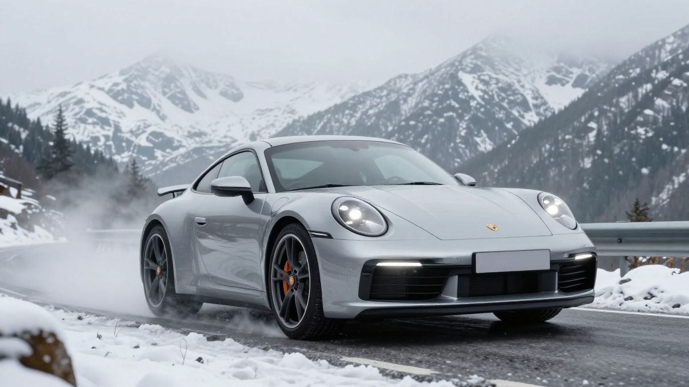 Porsche 911 driving up a snowy mountain road.