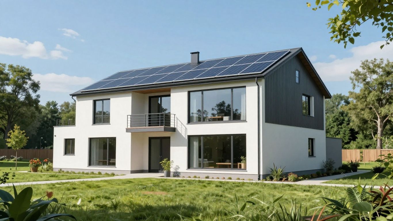 Modern sustainable house with solar panels and green surroundings.